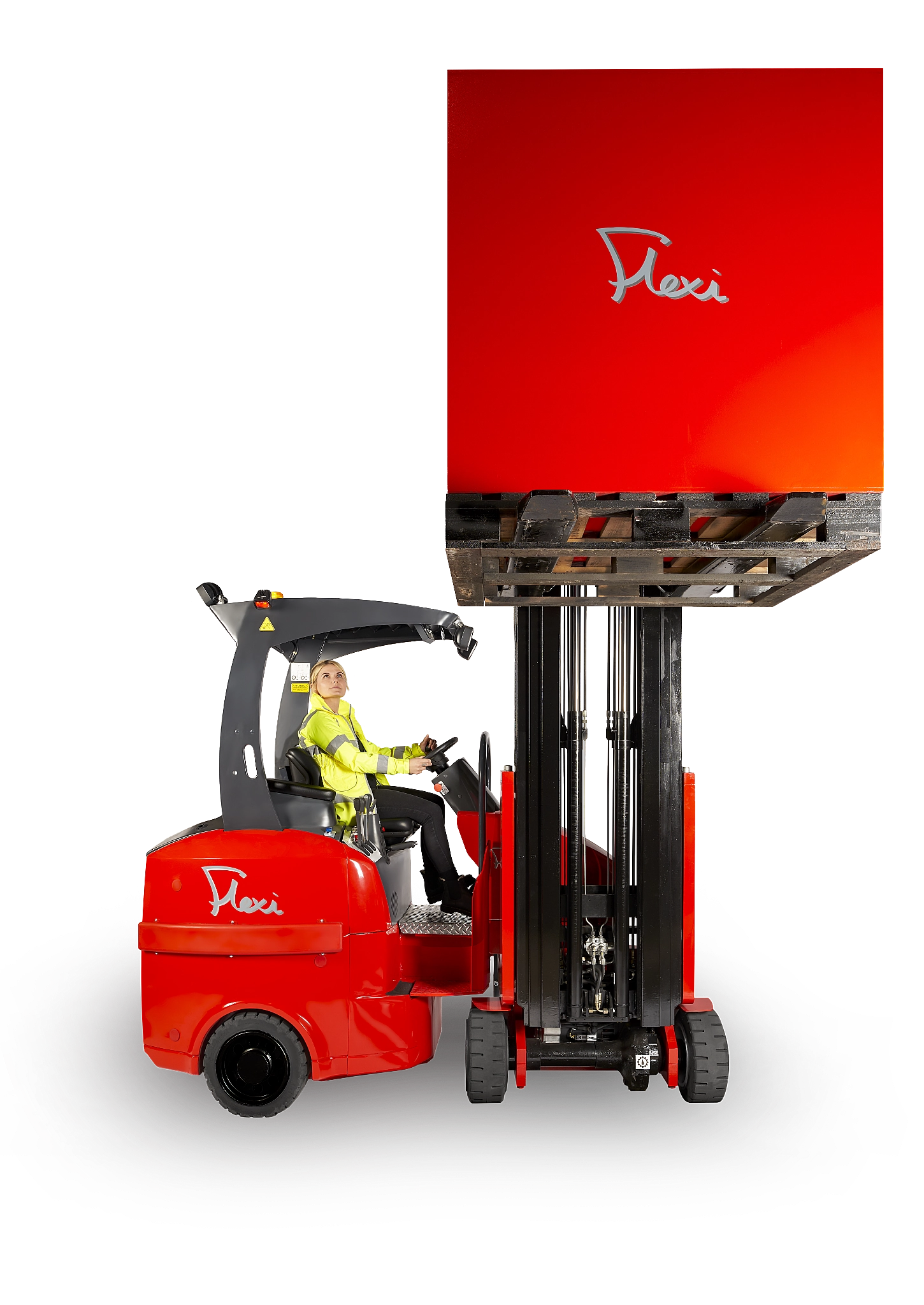 Flexi narrow aisle forklift lifting pallet in warehouse application