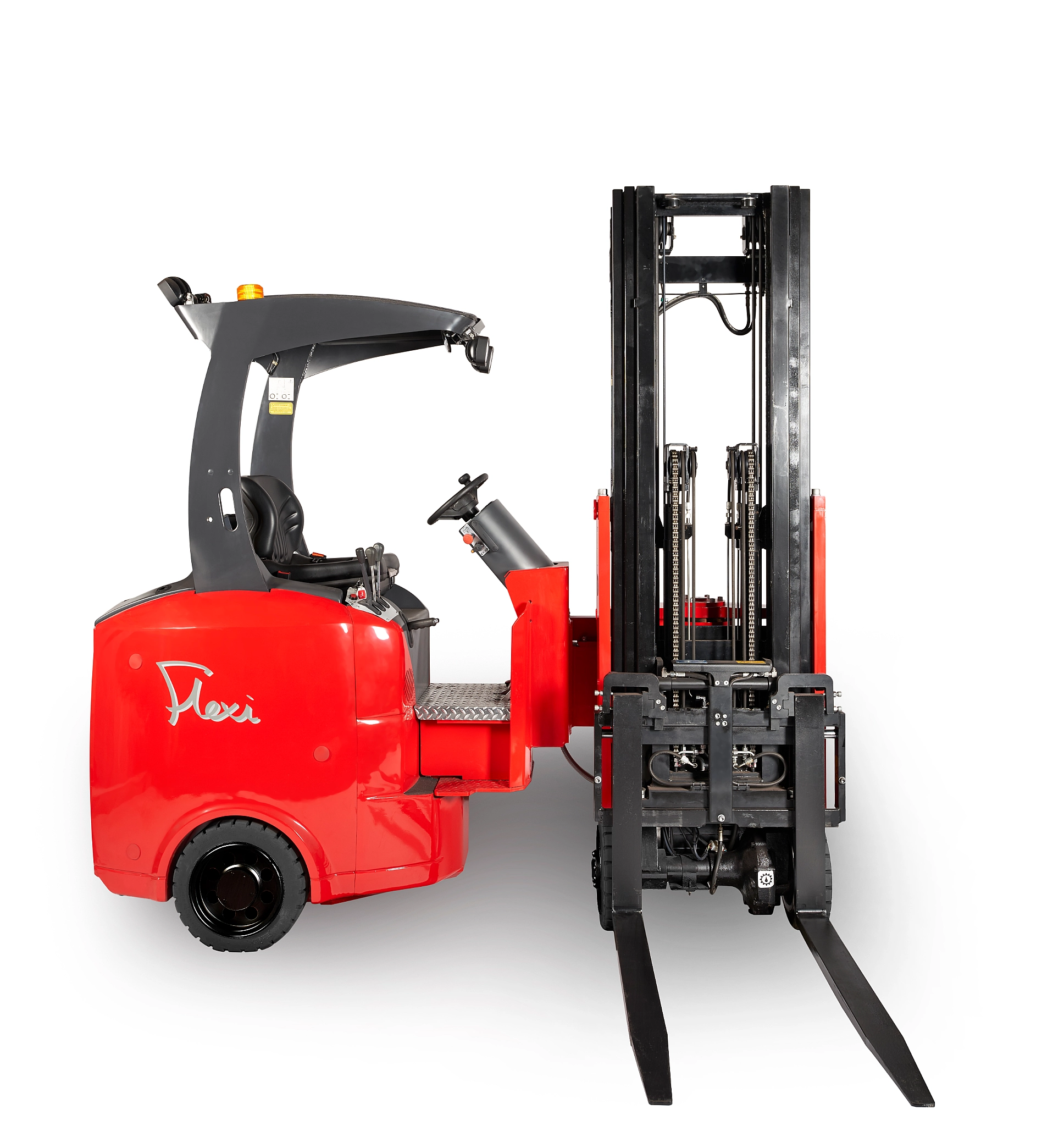 Flexi narrow aisle forklift side view on white background