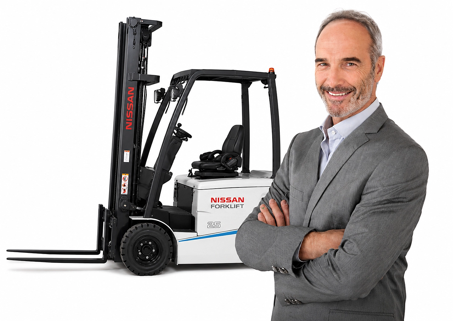 Nissan forklift with businessman on white background