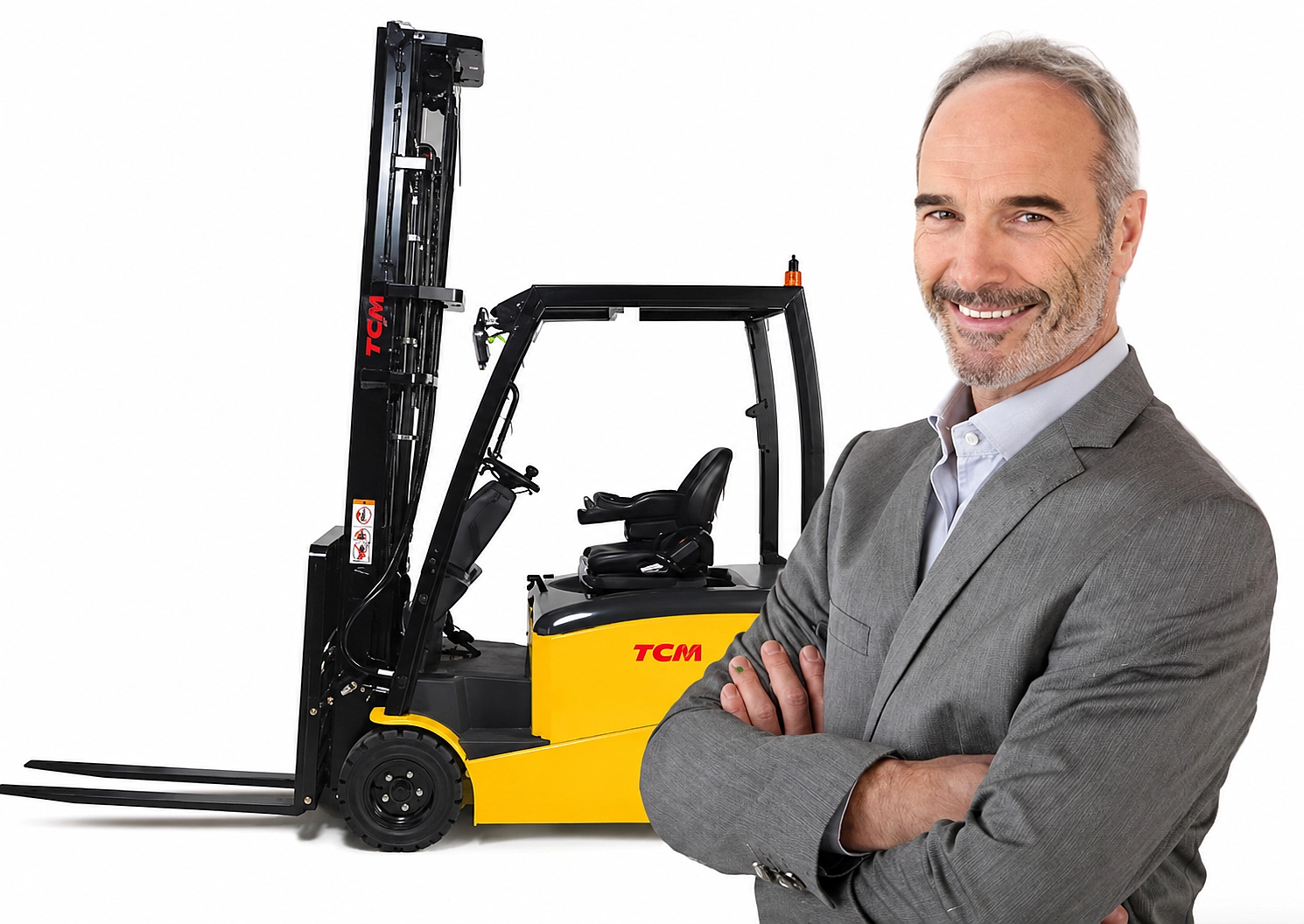 TCM forklift with businessman on white background