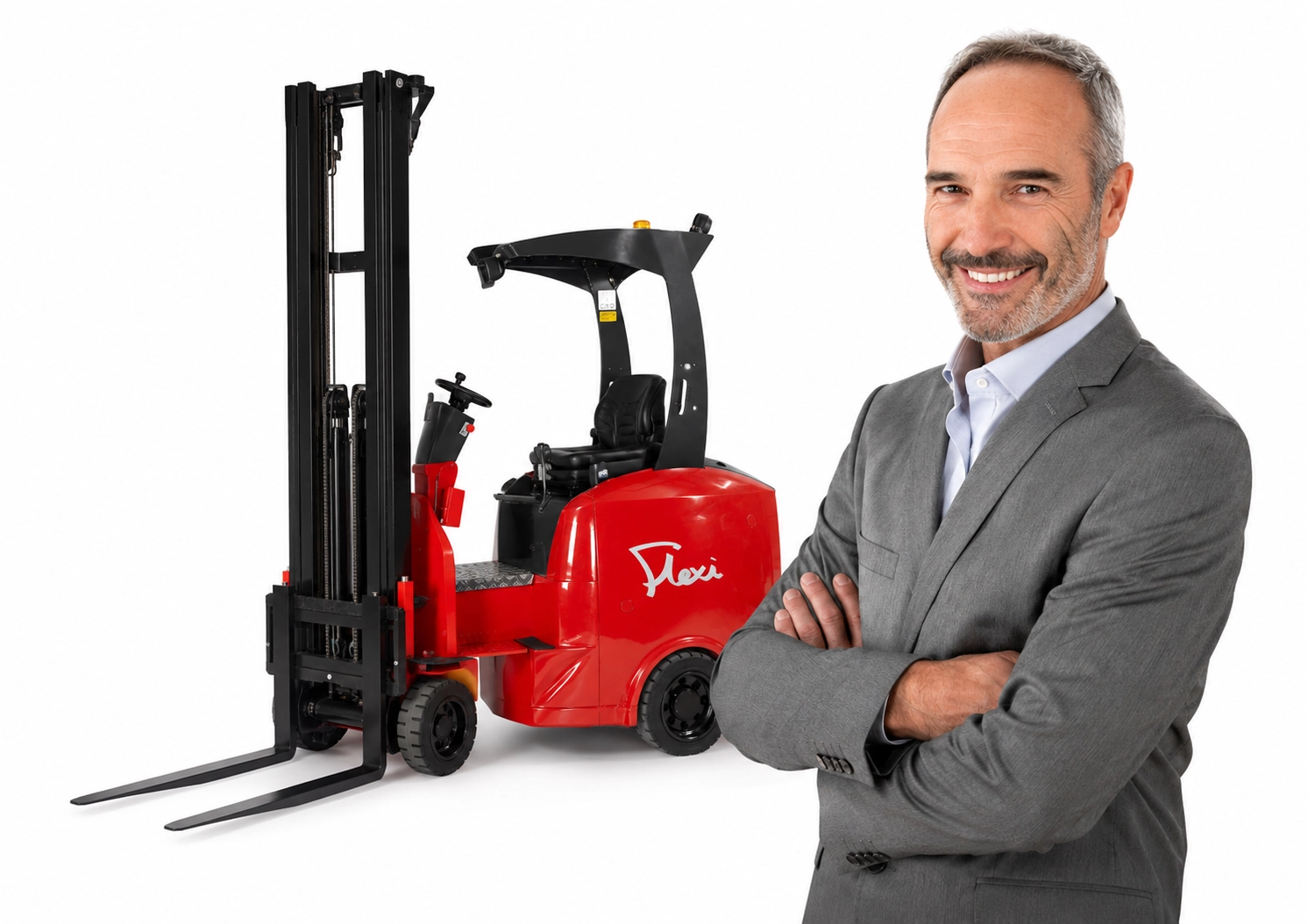 Flexi narrow aisle forklift with businessman on white background